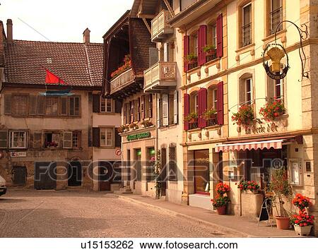 Stock Image -  Switzerland, Europe, Fribourg, Estavayer le Lac, village. Fotosearch
