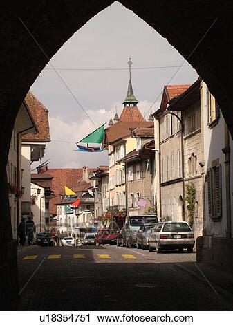 Stock Image -  Switzerland, Europe, Fribourg, Estavayer le Lac, village. Fotosearch