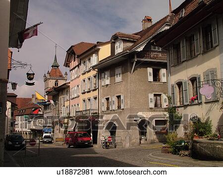 Stock Image -  Switzerland, Europe, Fribourg, Estavayer le Lac, village. Fotosearch