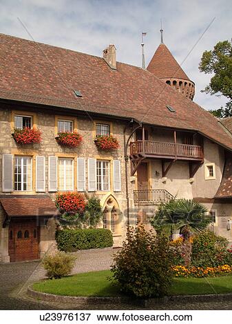 Stock Photo -  Switzerland, Europe, Fribourg, Estavayer le Lac, village, Chateau de Chenaux, courtyard. Fotosearch