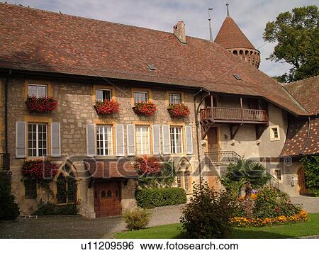 Switzerland, Europe, Fribourg, Estavayer le Lac, village, Chateau de Chenaux, courtyard View Large Photo Image Stock Photograph - Switzerland, Europe, Fribourg, Estavayer le Lac, village, Chateau de Chenaux, courtyard. Fotosearch