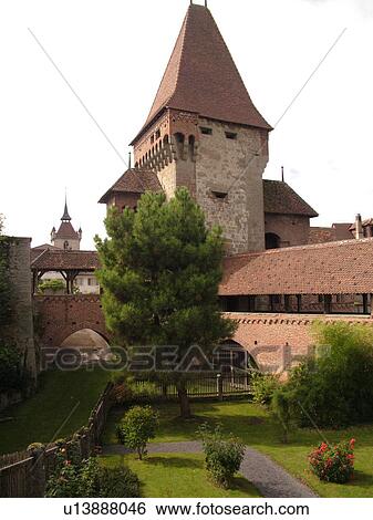Stock Photograph -  Switzerland, Europe, Fribourg, Estavayer le Lac, village, Chateau de Chenaux. Fotosearch