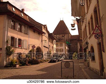 Stock Photograph -  Switzerland, Europe, Fribourg, Estavayer le Lac, village. Fotosearch