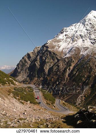 Stock Image -  Switzerland, Europe, Graubunden, Grisons, Fluelapass, alpine pass, mountain road. Fotosearch
