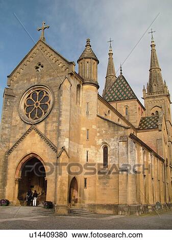 Stock Image -  Switzerland, Europe, Neuchatel, La Collegiale, Romanesque-Gothic 12th century church. Fotosearch