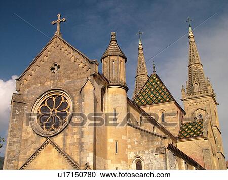 Stock Image -  Switzerland, Europe, Neuchatel, La Collegiale, Romanesque-Gothic 12th century church. Fotosearch