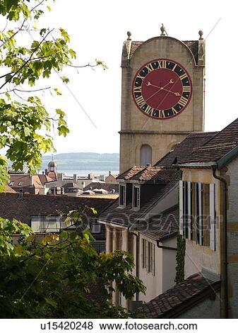 Stock Photo -  Switzerland, Europe, Neuchatel, Lac de Neuchatel, rooftops, Tour de Diesseclock tower. Fotosearch