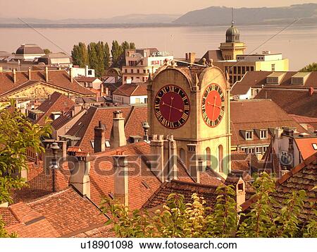 Switzerland, Europe, Neuchatel, Lac de Neuchatel, rooftops, clock tower View Large Photo Image Stock Photo - Switzerland, Europe, Neuchatel, Lac de Neuchatel, rooftops, clock tower. Fotosearch