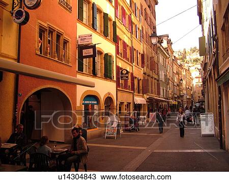 Stock Image -  Switzerland, Europe, Neuchatel, downtown, Rue des Moulins. Fotosearch