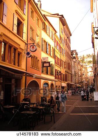 Stock Image -  Switzerland, Europe, Neuchatel, downtown, Rue des Moulins. Fotosearch