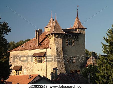 Stock Image -  Switzerland, Europe, Neuchatel, Vaumarcus, Chateau de Vaumarcus. Fotosearch