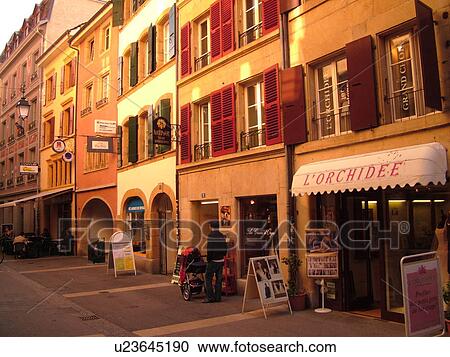 Switzerland, Europe, Neuchatel, downtown, Rue des Moulins View Large Photo Image Stock Image - Switzerland, Europe, Neuchatel, downtown, Rue des Moulins. Fotosearch