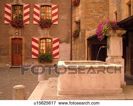 Switzerland, Europe, Neuchatel, Chateau Neuchatel, 15th century castle, red geraniums in windowboxes, red and white striped shutters, fountain View Large Photo Image Stock Photo - Switzerland, Europe, Neuchatel, Chateau Neuchatel, 15th century castle, red geraniums in windowboxes, red and white striped shutters, fountain. Fotosearch