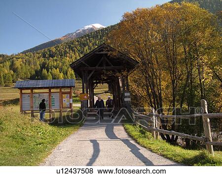 Stock Photo -  Switzerland, Europe, Ober Engadin, Zernez, Graubunden, Grisons, cover bridge, National Park. Fotosearch