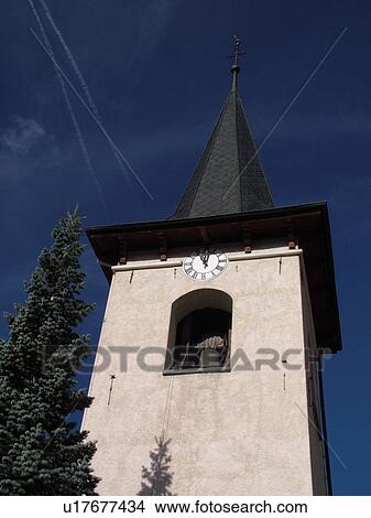 Picture -  Switzerland, Europe, valais, wallis, Val d'Anniviers, St. Luc, church, steeple, bell tower. Fotosearch