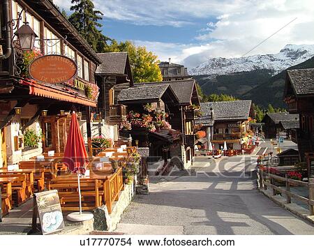 Switzerland, Europe, valais, wallis, Val d'Anniviers, Grimentz, alpine village, Hotel Restaurant De Moiry, outdoor cafT View Large Photo Image Picture - Switzerland, Europe, valais, wallis, Val d'Anniviers, Grimentz, alpine village, Hotel Restaurant De Moiry, outdoor cafT. Fotosearch