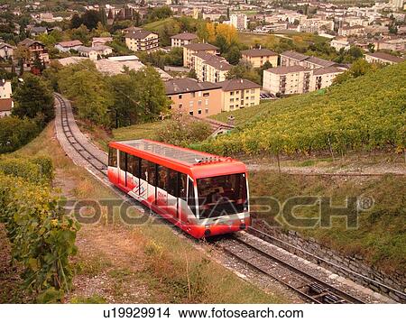 Picture -  Switzerland, Europe, valais, wallis, Crans-Montana, Rhone Valley, Fendant Wine Region, SMC, Funiculaire Sierre. Fotosearch