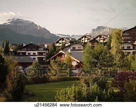 Picture -  Switzerland, Europe, valais, wallis, Crans-Montana, Rhone Valley, mountain-style chalets. Fotosearch
