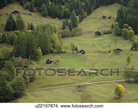 Picture -  Switzerland, Europe, valais, wallis, Val D'Heremence, chalets, alpine village. Fotosearch