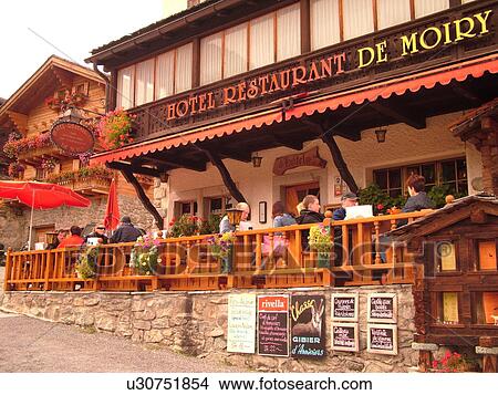 Switzerland, Europe, valais, wallis, Val d'Anniviers, Grimentz, alpine village, Hotel Restaurant De Moiry, outdoor cafT View Large Photo Image Picture - Switzerland, Europe, valais, wallis, Val d'Anniviers, Grimentz, alpine village, Hotel Restaurant De Moiry, outdoor cafT. Fotosearch