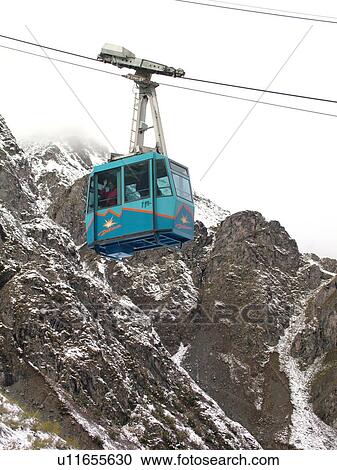 Stock Image -  Switzerland, Europe, valais, wallis, Val D'Heremence, Dam Grande Dixence, 2, 365 metres, world's highest concrete dam, blue cable car. Fotosearch
