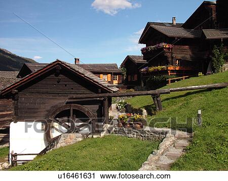 Switzerland, Europe, valais, wallis, Val d'Anniviers, Ayer, alpine village, grist mill, water wheel, chalets View Large Photo Image Stock Image - Switzerland, Europe, valais, wallis, Val d'Anniviers, Ayer, alpine village, grist mill, water wheel, chalets. Fotosearch