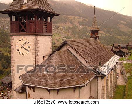 Stock Image -  Switzerland, Europe, valais, wallis, Val d'Anniviers, Ayer, church. Fotosearch