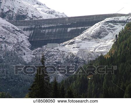 Stock Image -  Switzerland, Europe, valais, wallis, Val D'Heremence, Dam Grande Dixence, 2, 365 metres, world's highest concrete dam, Lac des Dix. Fotosearch