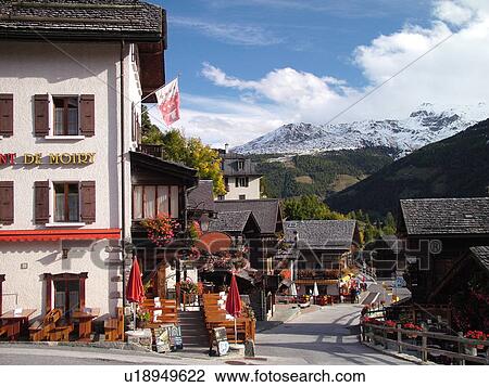Switzerland, Europe, valais, wallis, Val d'Anniviers, Grimentz, alpine village, Hotel Restaurant De Moiry, outdoor cafT View Large Photo Image Stock Image - Switzerland, Europe, valais, wallis, Val d'Anniviers, Grimentz, alpine village, Hotel Restaurant De Moiry, outdoor cafT. Fotosearch