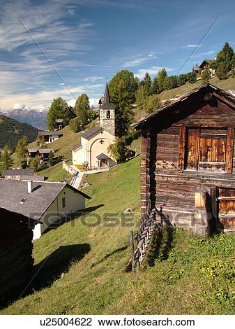 Switzerland, Europe, valais, wallis, Val d'Anniviers, Chandolin, alpine village, chalets, church, mountainside View Large Photo Image Stock Image - Switzerland, Europe, valais, wallis, Val d'Anniviers, Chandolin, alpine village, chalets, church, mountainside. Fotosearch