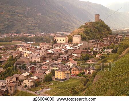 Stock Image -  Switzerland, Europe, valais, wallis, Saillon, Rhone Valley, Fendant Wine Region. Fotosearch