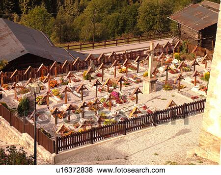 Stock Photo -  Switzerland, Europe, valais, wallis, Val d'Anniviers, Ayer, church, cemetery. Fotosearch