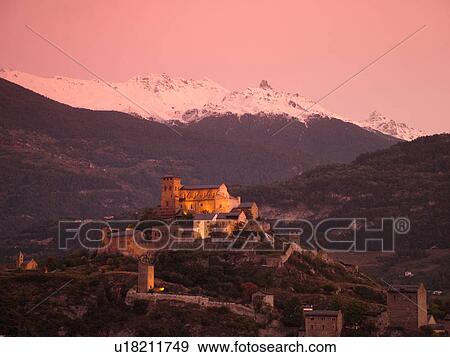 Switzerland, Europe, valais, wallis, Sion, Rhone Valley, Fendant Wine Region, Church of Notre Dame de ValFre, 11th century, ChGteau de Tourbillon, sunset, alps View Large Photo Image Stock Photo - Switzerland, Europe, valais, wallis, Sion, Rhone Valley, Fendant Wine Region, Church of Notre Dame de ValFre, 11th century, ChGteau de Tourbillon, sunset, alps. Fotosearch