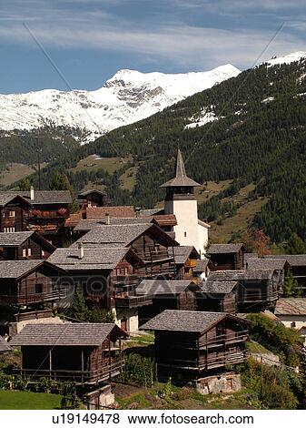 Stock Photo -  Switzerland, Europe, valais, wallis, Val d'Anniviers, Grimentz, alpine village. Fotosearch