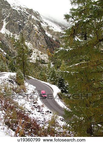 Stock Photo -  Switzerland, Europe, valais, wallis, Val D'Heremence, mountain road, snow, Dam Grande Dixence. Fotosearch
