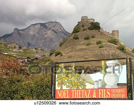 Stock Photograph -  Switzerland, Europe, valais, wallis, Saillon, Rhone Valley, Fendant Wine Region, castle, ruins, winery. Fotosearch