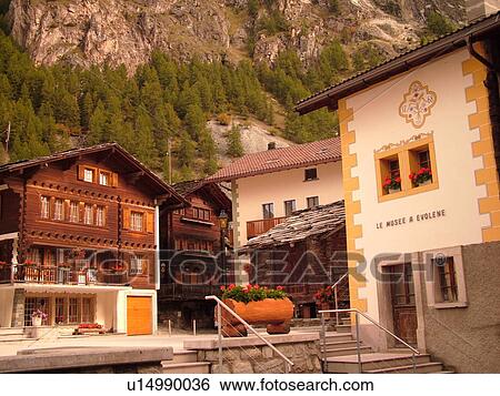 Stock Photograph -  Switzerland, Europe, valais, wallis, Val D'Herens, Evolene, village. Fotosearch
