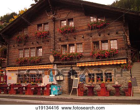 Switzerland, Europe, valais, wallis, Val d'Anniviers, Grimentz, alpine village, Les Becs de Bossons CafT Restaurant, Pension, outdoor cafT View Large Photo Image Stock Photograph - Switzerland, Europe, valais, wallis, Val d'Anniviers, Grimentz, alpine village, Les Becs de Bossons CafT Restaurant, Pension, outdoor cafT. Fotosearch