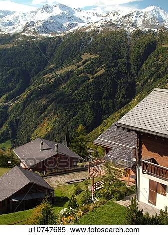 Stock Photography -  Switzerland, Europe, valais, wallis, Val d'Anniviers, Chandolin, alpine village, snow-capped mountain peaks. Fotosearch