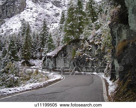 Stock Photography -  Switzerland, Europe, valais, wallis, Val D'Heremence, mountain road, snow, Dam Grande Dixence. Fotosearch