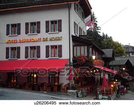 Stock Photography -  Switzerland, Europe, valais, wallis, Val d'Anniviers, Grimentz, alpine village, Hotel Restaurant De Moiry. Fotosearch