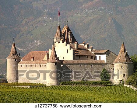 Stock Photo -  Switzerland, Europe, Vaud, Aigle, Chateau d'Aigle, vineyards. Fotosearch
