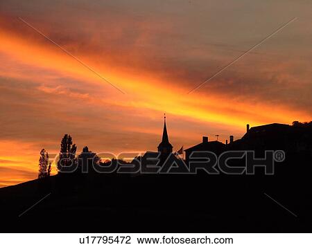 Switzerland, Europe, Vaud, Fechy, La Cote, sunset, village, silhouette View Large Photo Image Stock Image - Switzerland, Europe, Vaud, Fechy, La Cote, sunset, village, silhouette. Fotosearch