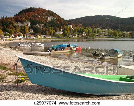 Switzerland, Europe, Vaud, Jura, Le Pont, Vallee de Joux, Lac De Joux, beach, boats View Large Photo Image Picture - Switzerland, Europe, Vaud, Jura, Le Pont, Vallee de Joux, Lac De Joux, beach, boats. Fotosearch