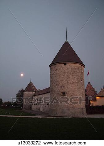 Stock Image -  Switzerland, Europe, Vaud, La Cote, Rolle, Chateau de Rolle, full moon. Fotosearch