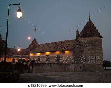 Stock Photo -  Switzerland, Europe, Vaud, La Cote, Rolle, Chateau de Rolle, full moon. Fotosearch