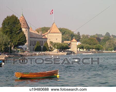 Stock Photo -  Switzerland, Europe, Vaud, La Cote, Rolle, Chateau de Rolle, Lake Geneva, Lac Leman. Fotosearch