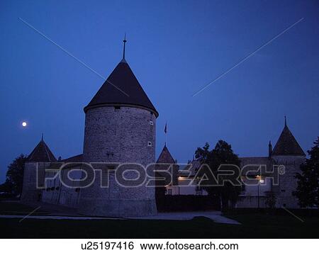 Stock Photograph -  Switzerland, Europe, Vaud, La Cote, Rolle, Chateau de Rolle, full moon. Fotosearch