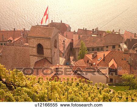 Stock Photography -  Switzerland, Europe, Vaud, Lavaux, St. Saphorin, Lake Geneva, Lac Leman, vineyards, village, rooftops. Fotosearch