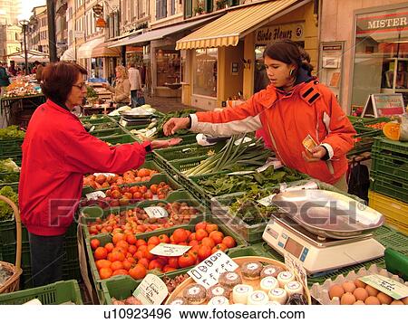 Stock Photograph -  Switzerland, Europe, Vaud, Morges, La Cote, downtown, City Market, produce. Fotosearch